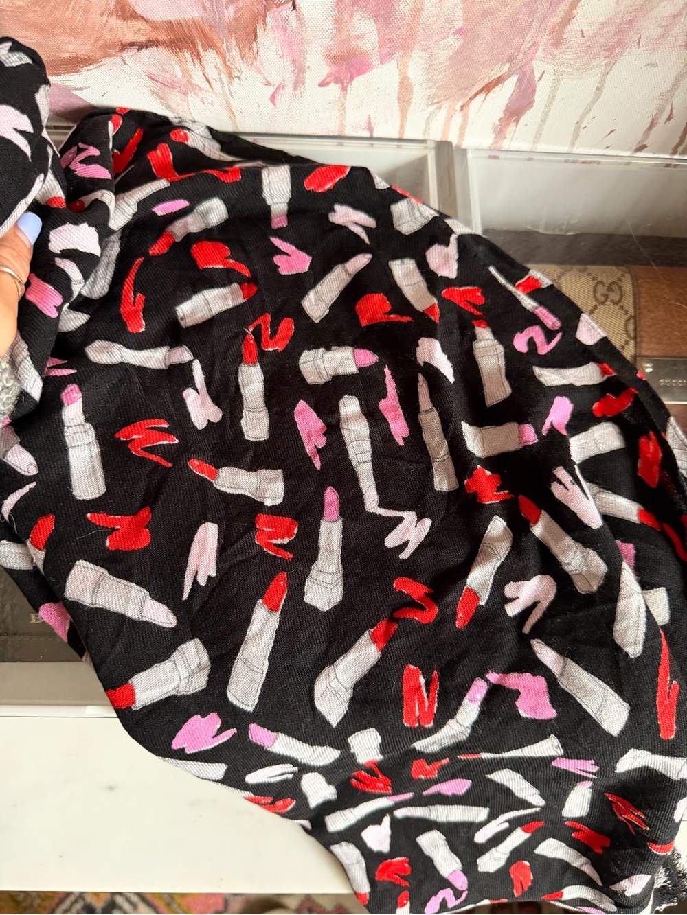 kate spade Black Scarf with Red & Pink Lipstick Motif
